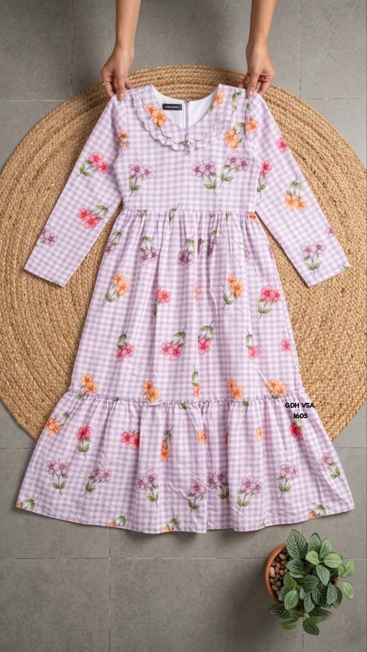 Gingham Floral Cotton Maxi dress - Lavender